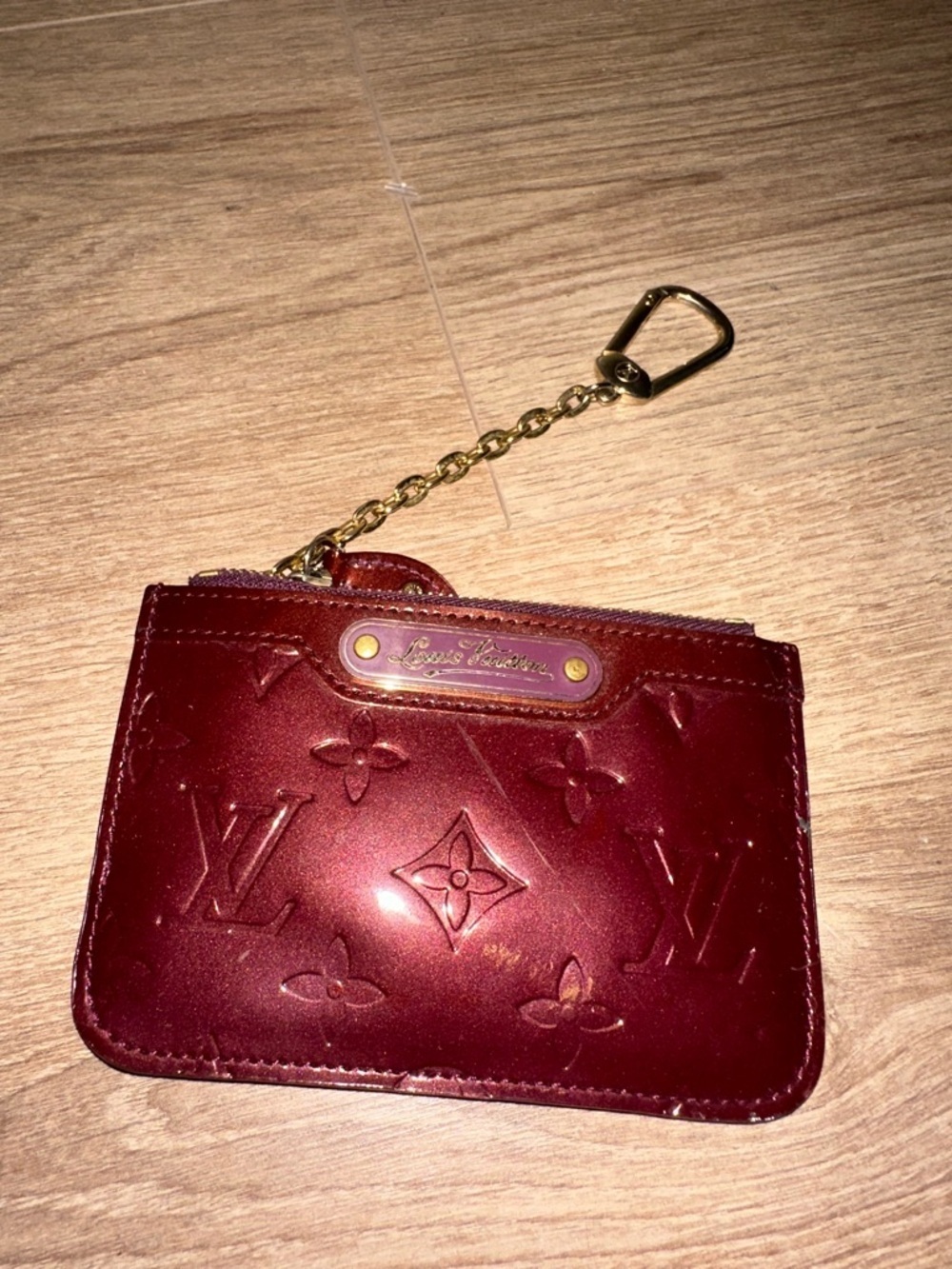 Louis Vuitton Burgundy Monogram Vernis Key & Card Holder with Gold Chain
